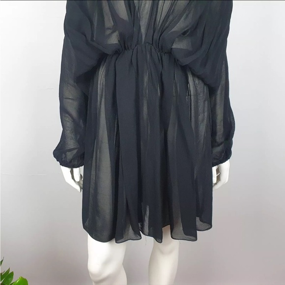 Zimmerman Size 1 (US 6) Black Sheer Short Dress Pleated V Neck Long Sleeves - Picture 3 of 7